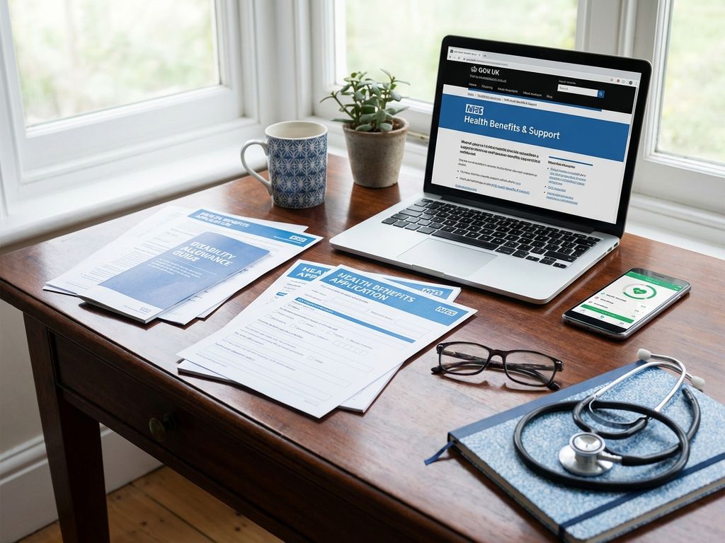 Houten bureau met officiële documenten over zorguitkeringen, laptop met overheidswebsite, stethoscoop en leesbril