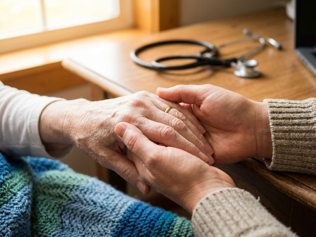 Twee handen die elkaar vasthouden in warm licht, met stethoscoop op achtergrond, symboliseert zorgverlening en steun