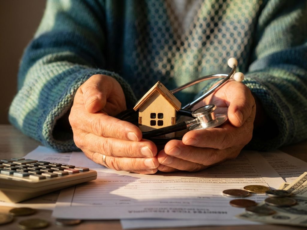 Handen beschermen miniatuurhuis en stethoscoop, symboliserend financiële zorgverzekering met medische documenten op achtergrond