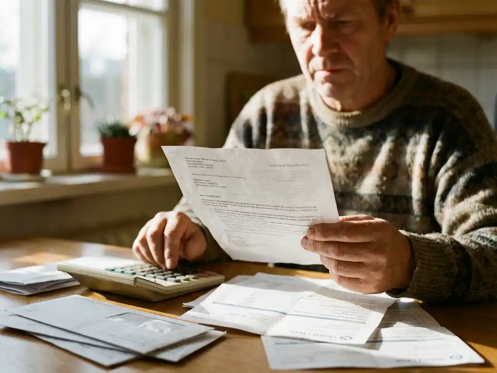Bezorgde persoon van middelbare leeftijd leest overheidsbrief aan keukentafel met rekenmachine en rekeningen