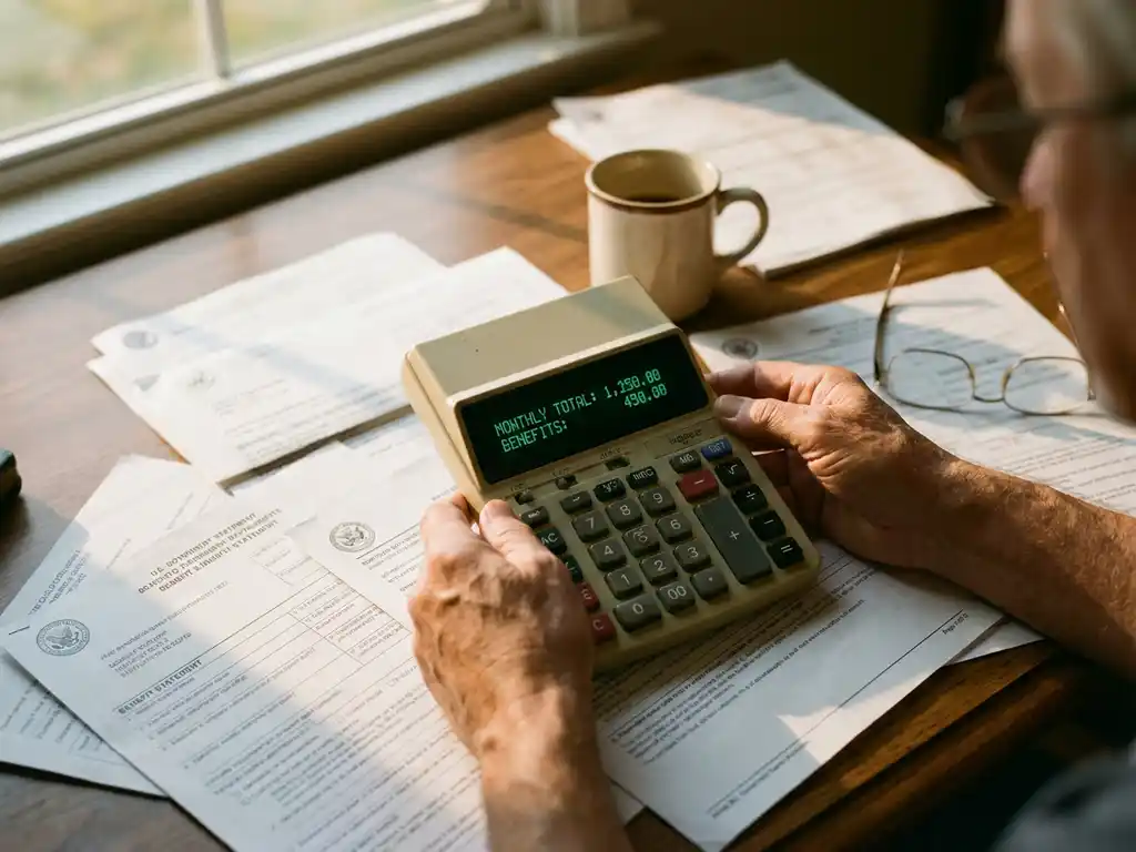 Persoon gebruikt rekenmachine voor financiële berekeningen met overheidsformulieren en uitkeringsoverzichten op bureau