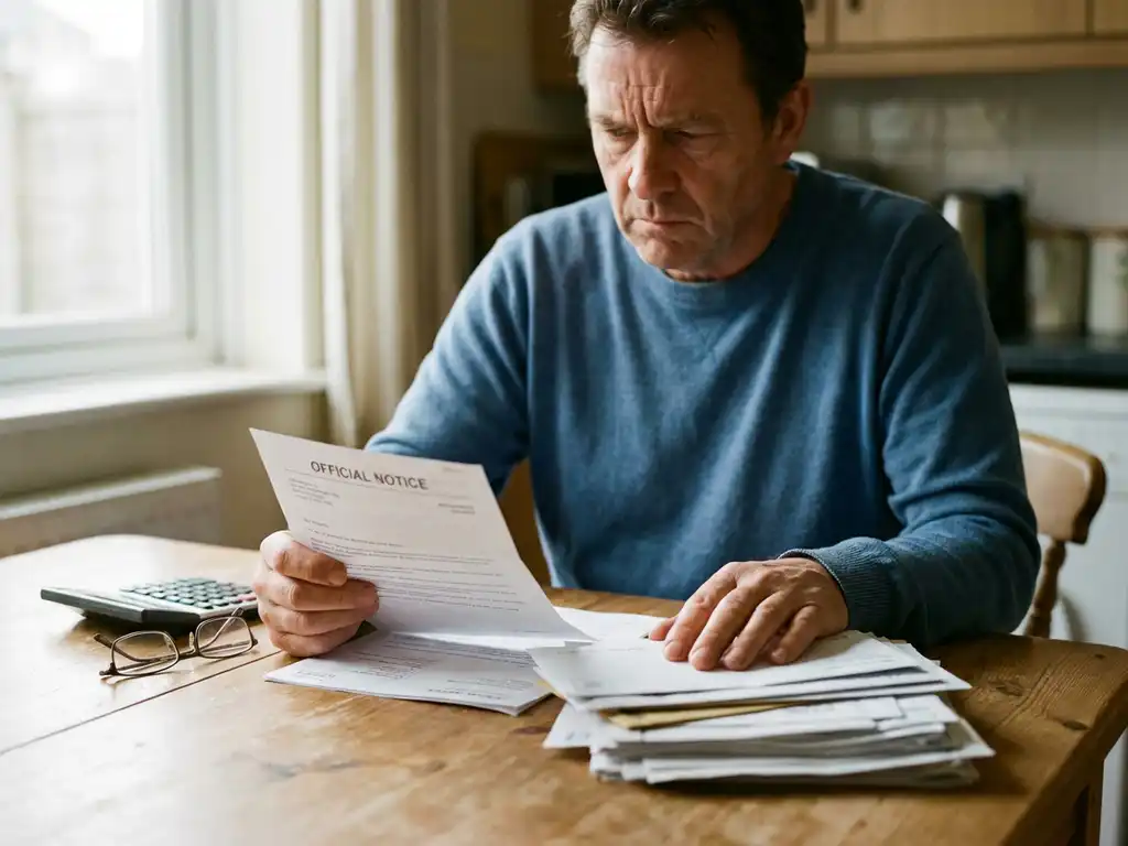 Bezorgde persoon van middelbare leeftijd leest overheidsbrief aan keukentafel met rekenmachine en financiële documenten