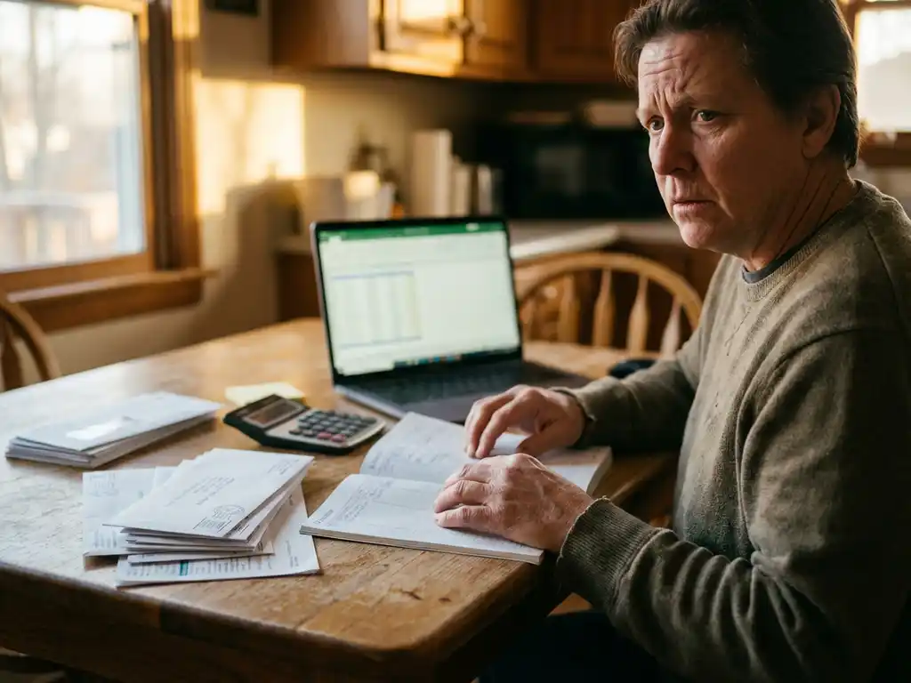 Bezorgde persoon bekijkt financiële documenten en rekenmachine aan keukentafel met laptop op achtergrond