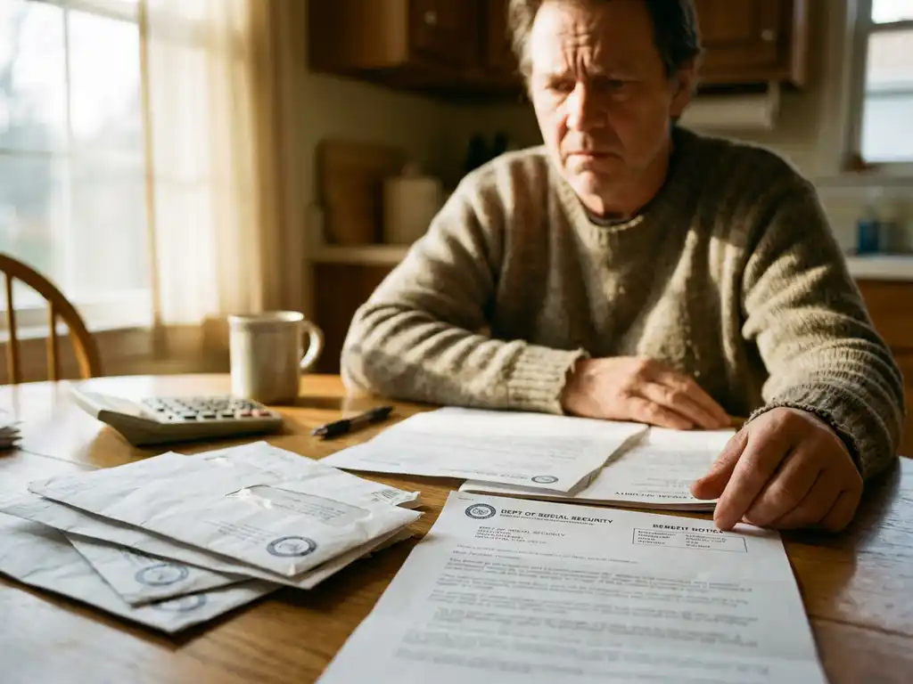 Bezorgde persoon van middelbare leeftijd bekijkt overheidsformulieren en uitkeringspost aan keukentafel met rekenmachine