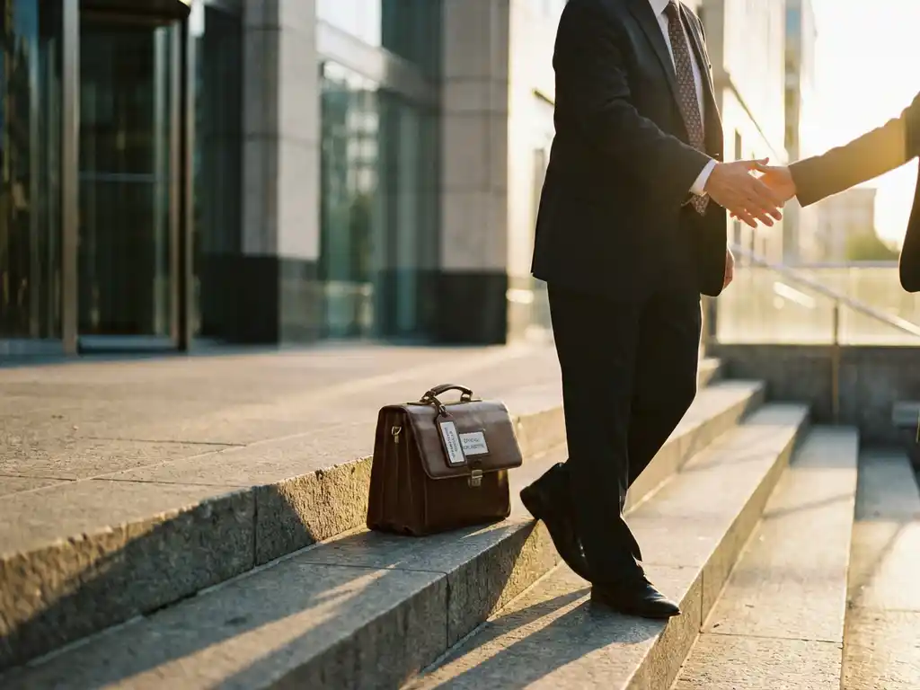 Professionele consultant in pak helpt persoon omhoog op betonnen trap, aktetas met documenten, gouden uurtje verlichting