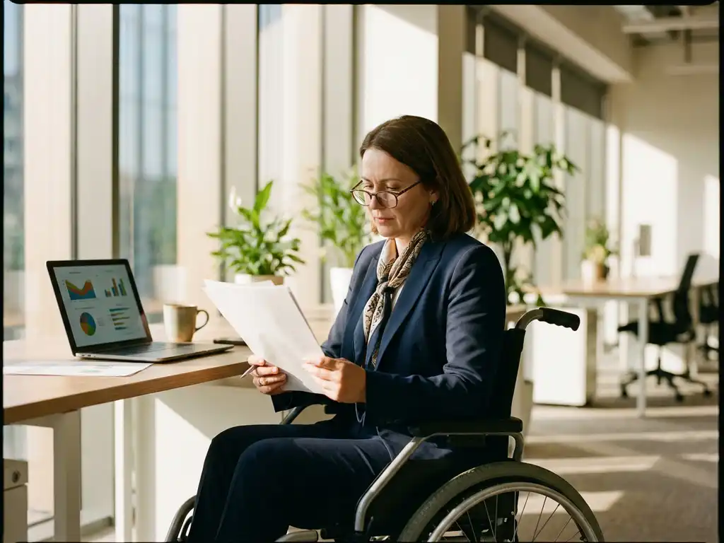 Professionele zakenvrouw in rolstoel bekijkt documenten aan bureau met laptop met grafieken in modern kantoor